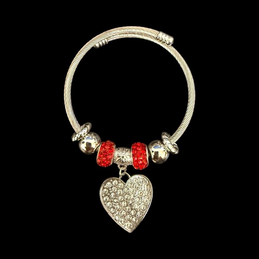 Silver Heart Charm Bracelet with Red Accents